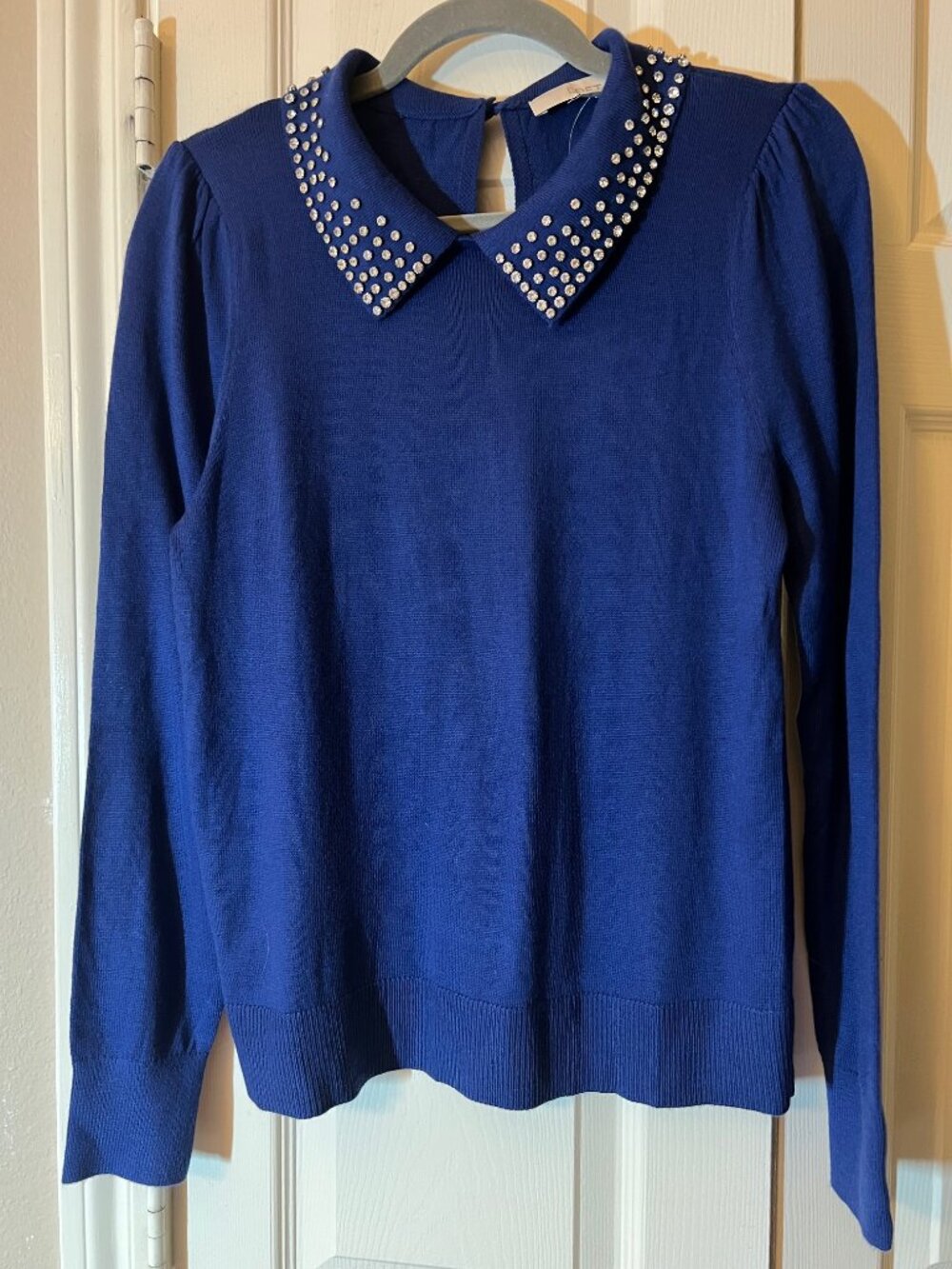 NWT Women's Loft Rhinestone Detail Collared Blue Sweater Work Christmas - Small
